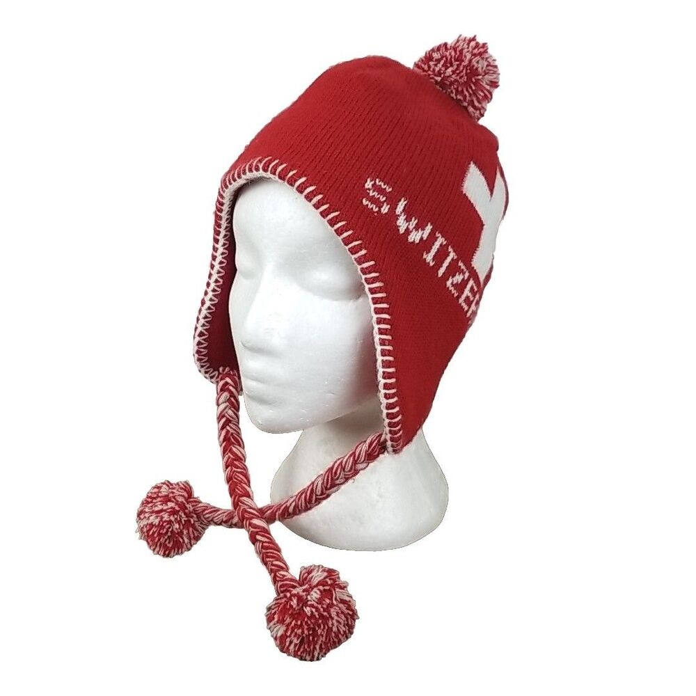 Switzerland Chullo Beanie Ear Flap Winter Hat Red White Swiss Cross Pom Pom DK